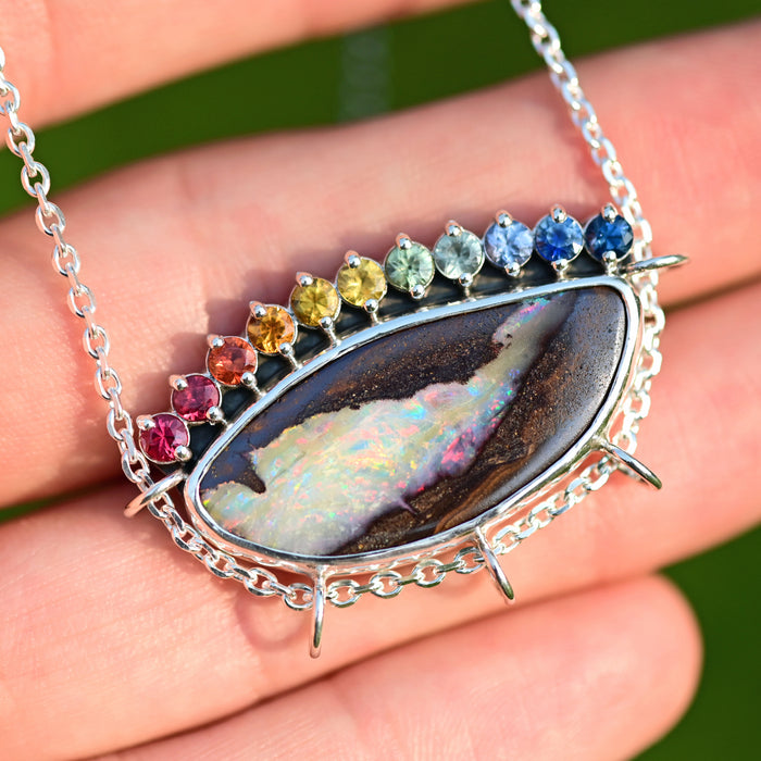 one of a kind rainbow boulder opal with ombre sapphires by curtis r jewellery ooak necklace 