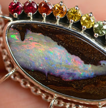 Load image into Gallery viewer, one of a kind rainbow boulder opal with ombre sapphires by curtis r jewellery ooak necklace 
