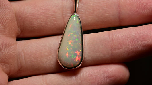 big white pear opal long crop pendant in sterling silver