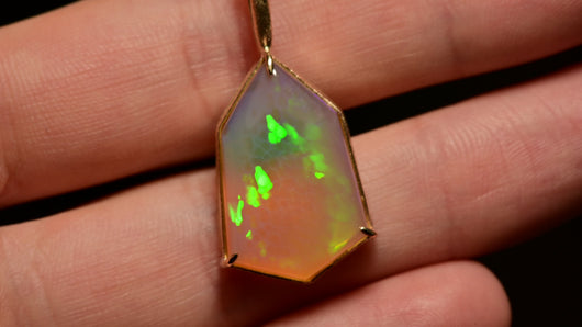 Snakeskin Opal Pendant in 14k Yellow Gold geometric Artisan cut opal by artist curtis r jewellery