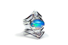 Load image into Gallery viewer, Chevron Opal and Moonstone Ring Sterling Silver Opal Ring Crystal Opal Statement Blue Opal Jewelry Boho Ring Stack Welo Opal - Size 5Chevron Opal and Moonstone Ring Sterling Silver Opal Ring Crystal Opal Statement Blue Opal Jewelry Boho Ring Stack Welo Opal - Size 5
