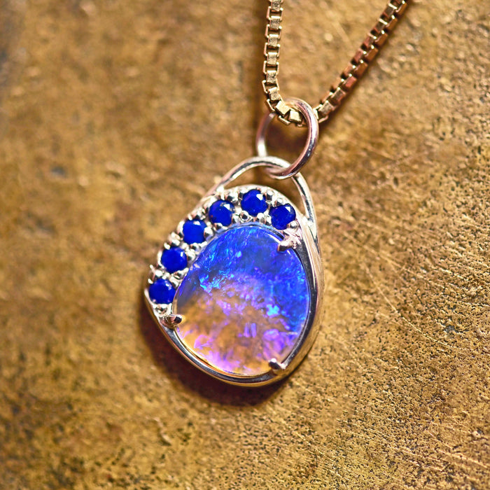 one of a kind australian crystal opal pendant charm in recycled sterling silver with blue lapis lazuli handcrafted talisman charm 