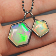 Load image into Gallery viewer, pair of geometric opal charms in sterling silver pentagon hexagon set opal jewelry by curtis r jewellery

