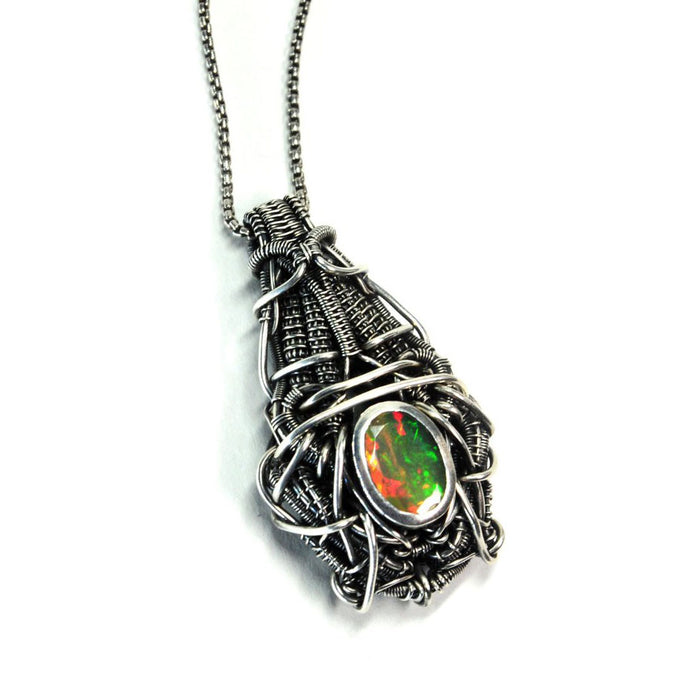 Futuristic Opal Pendant Wire Wrap Sterling Silver Necklace Pendant - Opal Jewellery - Fire Opal - Silversmith - Wearable Art - Green Opal