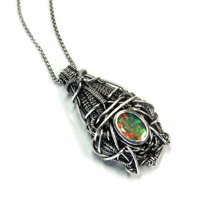 Futuristic Opal Pendant Wire Wrap Sterling Silver Necklace Pendant - Opal Jewellery - Fire Opal - Silversmith - Wearable Art - Green Opal