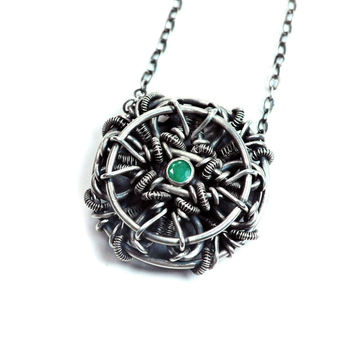 emerald wire wrap mandala in silver by artist curtis r jewellery