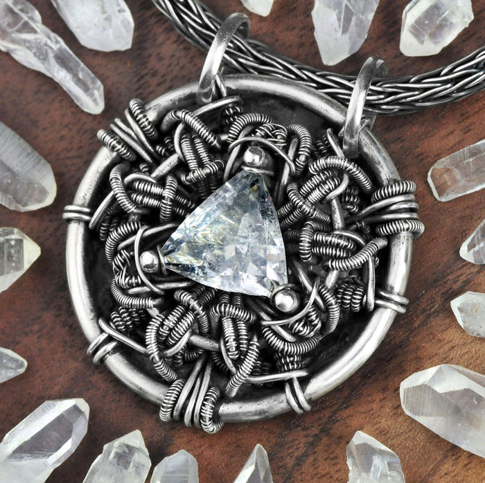 Wire Wrapped Quartz Pendant Faceted Quartz Talisman Sterling Silver Necklace Woven Metal Futuristic Jewelry Futuristic Accessories