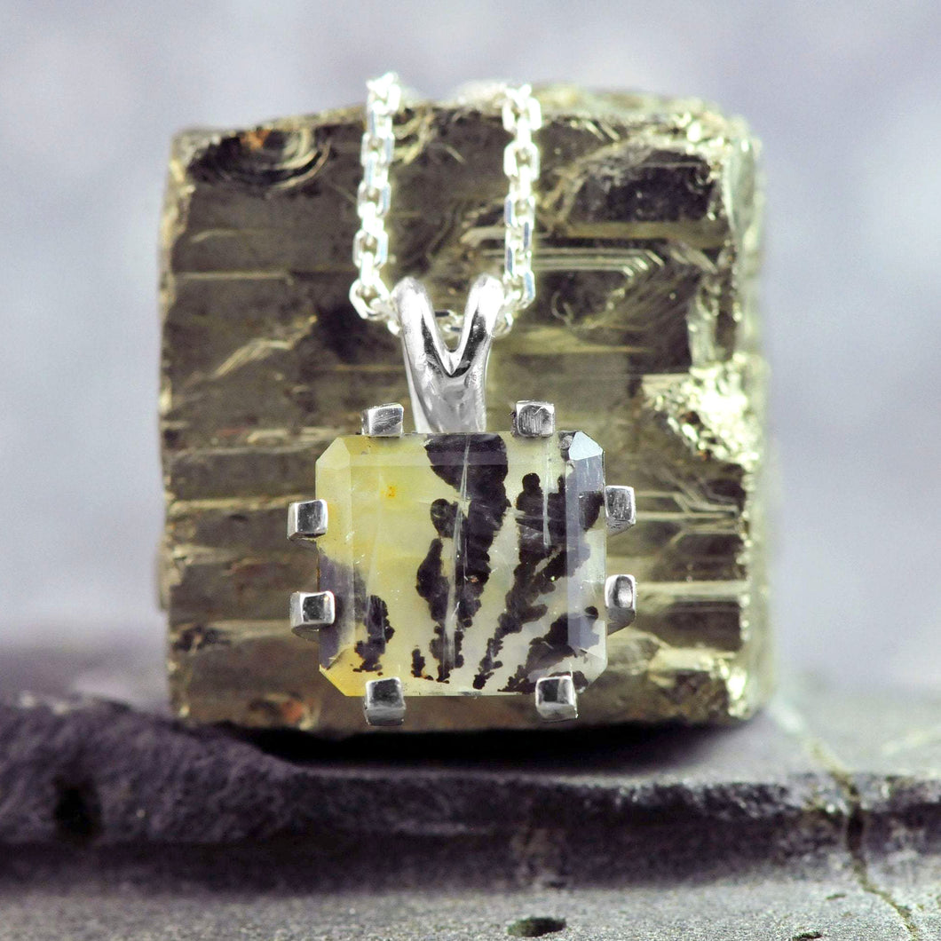 dendritic quartz prong set rectangle stone nekclace handcrafted by silversmith curtis r jewellery