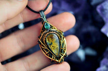 Load image into Gallery viewer, Starburst Rutile Quartz Wire Wrap and Emerald - Sterling Silver and 14K Yellow Gold Fill Pendant Talisman OOAK by Curtis R Jewellery
