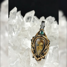 Load image into Gallery viewer, Starburst Rutile Quartz Wire Wrap and Emerald - Sterling Silver and 14K Yellow Gold Fill Pendant Talisman OOAK by Curtis R Jewellery
