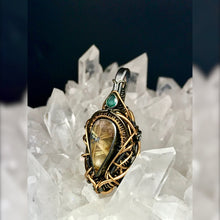 Load image into Gallery viewer, Starburst Rutile Quartz Wire Wrap and Emerald - Sterling Silver and 14K Yellow Gold Fill Pendant Talisman OOAK by Curtis R Jewellery
