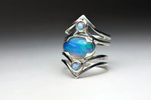 Load image into Gallery viewer, Chevron Opal and Moonstone Ring Sterling Silver Opal Ring Crystal Opal Statement Blue Opal Jewelry Boho Ring Stack Welo Opal - Size 5
