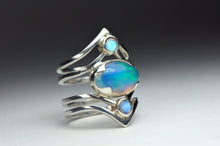 Load image into Gallery viewer, Chevron Opal and Moonstone Ring Sterling Silver Opal Ring Crystal Opal Statement Blue Opal Jewelry Boho Ring Stack Welo Opal - Size 5
