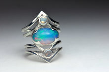 Load image into Gallery viewer, Chevron Opal and Moonstone Ring Sterling Silver Opal Ring Crystal Opal Statement Blue Opal Jewelry Boho Ring Stack Welo Opal - Size 5
