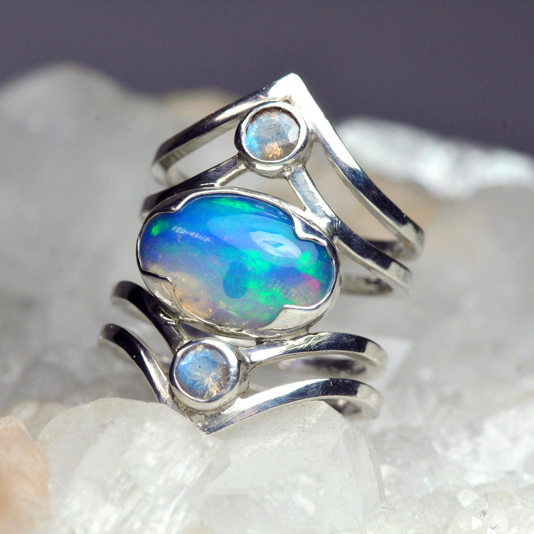 Chevron Opal and Moonstone Ring Sterling Silver Opal Ring Crystal Opal Statement Blue Opal Jewelry Boho Ring Stack Welo Opal - Size 5