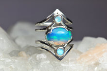 Load image into Gallery viewer, Chevron Opal and Moonstone Ring Sterling Silver Opal Ring Crystal Opal Statement Blue Opal Jewelry Boho Ring Stack Welo Opal - Size 5
