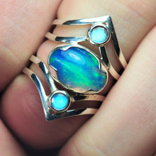 Load image into Gallery viewer, Chevron Opal and Moonstone Ring Sterling Silver Opal Ring Crystal Opal Statement Blue Opal Jewelry Boho Ring Stack Welo Opal - Size 5
