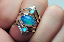 Load image into Gallery viewer, Chevron Opal and Moonstone Ring Sterling Silver Opal Ring Crystal Opal Statement Blue Opal Jewelry Boho Ring Stack Welo Opal - Size 5
