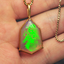 Load image into Gallery viewer, Snakeskin Opal Pendant in 14k Yellow Gold geometric Artisan cut opal by artist curtis r jewellery
