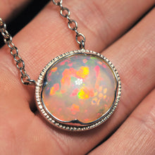 Load image into Gallery viewer, large white opal cabochon with rainbow play of colour, gem quality opal necklace by curtis r jewel
