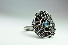 Load image into Gallery viewer, Chalcedony Statement Ring OOAK Wire Wrap Mandala Silver Circle Mandala Weaving - Size 10.5
