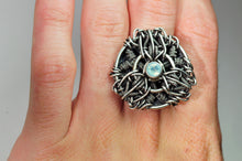 Load image into Gallery viewer, Chalcedony Statement Ring OOAK Wire Wrap Mandala Silver Circle Mandala Weaving - Size 10.5
