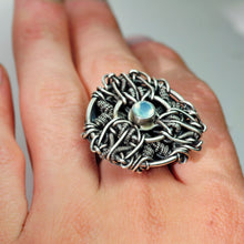 Load image into Gallery viewer, Chalcedony Statement Ring OOAK Wire Wrap Mandala Silver Circle Mandala Weaving - Size 10.5
