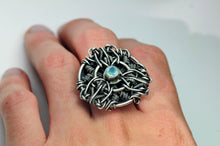 Load image into Gallery viewer, Chalcedony Statement Ring OOAK Wire Wrap Mandala Silver Circle Mandala Weaving - Size 10.5
