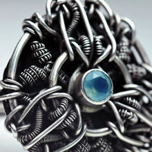 Load image into Gallery viewer, Chalcedony Statement Ring OOAK Wire Wrap Mandala Silver Circle Mandala Weaving - Size 10.5
